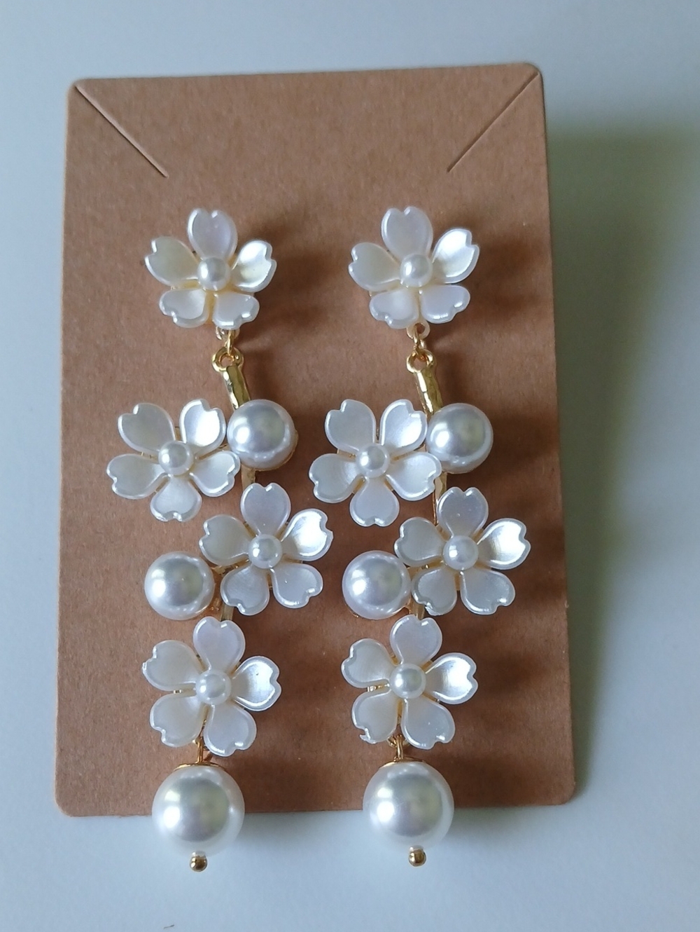 Fashion Jewelry White Flower Pearl Drop Earrings - Gold Accents
